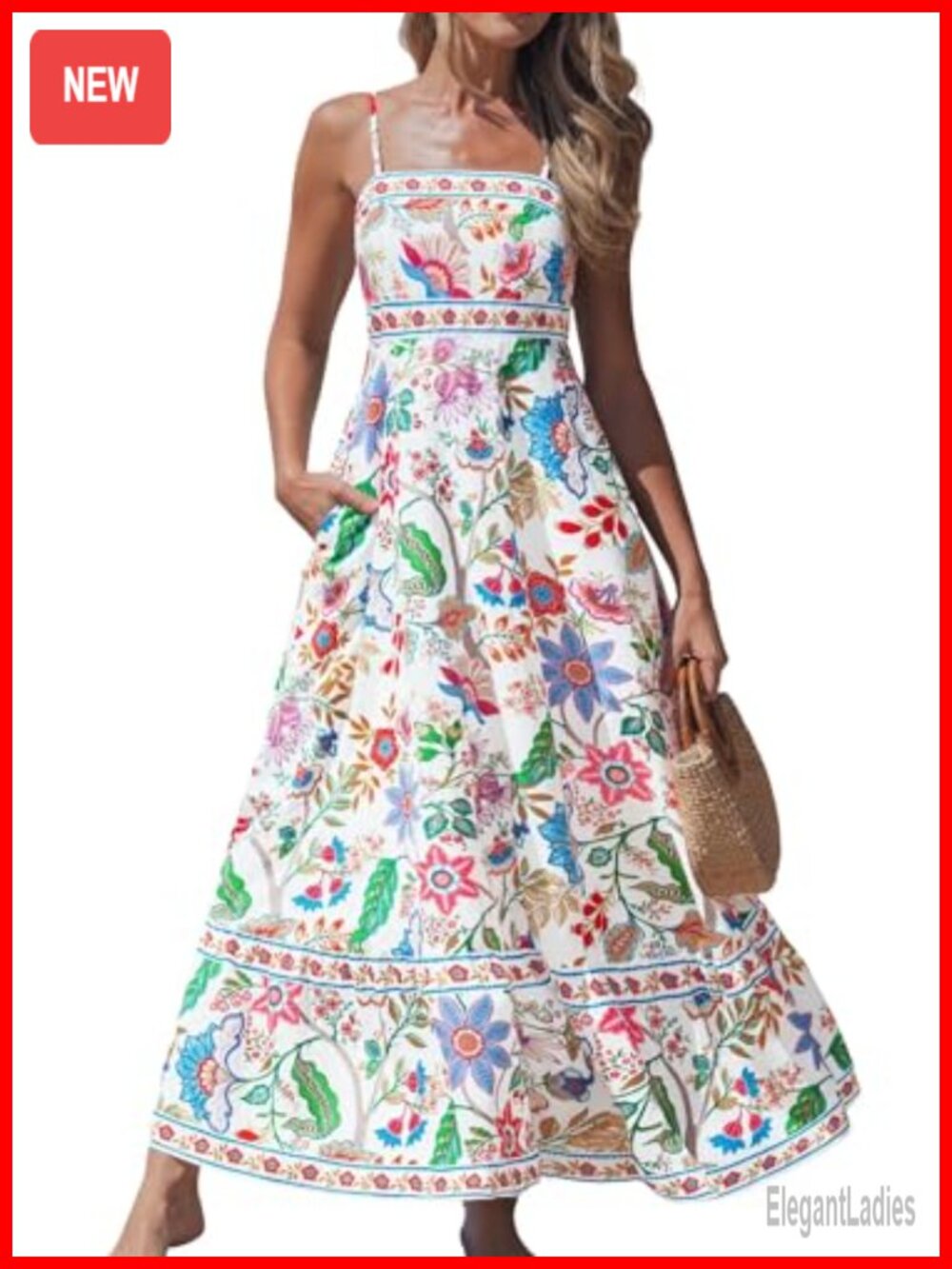 Women Spaghetti Strap Boho Maxi Dress Flowy Beach Vacation A-Line